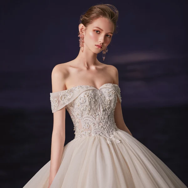 Luxury / Gorgeous Champagne Bridal Wedding Dresses 2020 Ball Gown Off-The-Shoulder Short Sleeve Backless Beading Glitter Tulle Chapel Train Ruffle