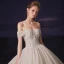 Luxury / Gorgeous Champagne Bridal Wedding Dresses 2020 Ball Gown Off-The-Shoulder Short Sleeve Backless Beading Glitter Tulle Chapel Train Ruffle