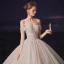 Luxury / Gorgeous Champagne Bridal Wedding Dresses 2020 Ball Gown Off-The-Shoulder Short Sleeve Backless Beading Glitter Tulle Chapel Train Ruffle