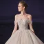 Luxury / Gorgeous Champagne Bridal Wedding Dresses 2020 Ball Gown Off-The-Shoulder Short Sleeve Backless Beading Glitter Tulle Chapel Train Ruffle