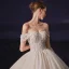 Luxury / Gorgeous Champagne Bridal Wedding Dresses 2020 Ball Gown Off-The-Shoulder Short Sleeve Backless Beading Glitter Tulle Chapel Train Ruffle