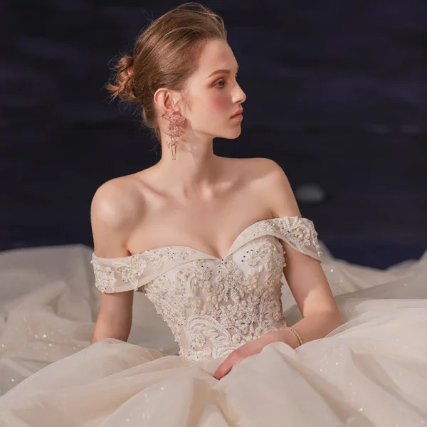 Luxury / Gorgeous Champagne Bridal Wedding Dresses 2020 Ball Gown Off-The-Shoulder Short Sleeve Backless Beading Glitter Tulle Chapel Train Ruffle
