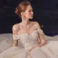 Luxury / Gorgeous Champagne Bridal Wedding Dresses 2020 Ball Gown Off-The-Shoulder Short Sleeve Backless Beading Glitter Tulle Chapel Train Ruffle