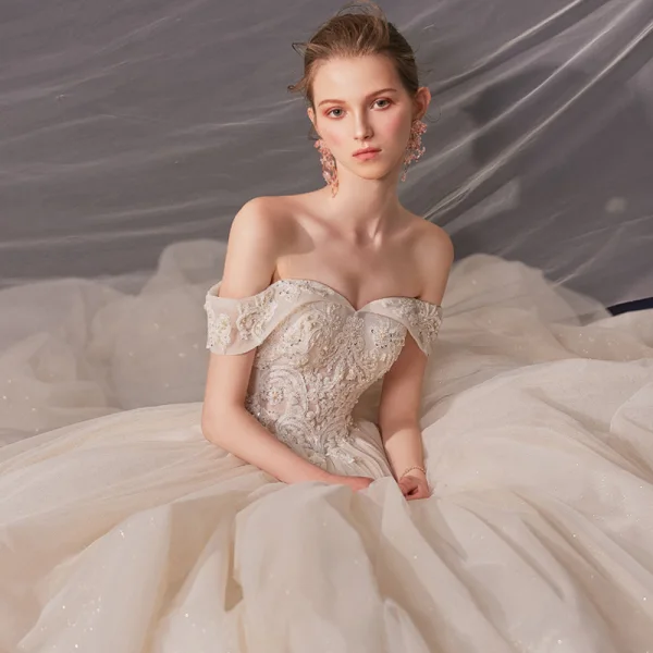 Luxury / Gorgeous Champagne Bridal Wedding Dresses 2020 Ball Gown Off-The-Shoulder Short Sleeve Backless Beading Glitter Tulle Chapel Train Ruffle
