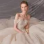 Luxury / Gorgeous Champagne Bridal Wedding Dresses 2020 Ball Gown Off-The-Shoulder Short Sleeve Backless Beading Glitter Tulle Chapel Train Ruffle