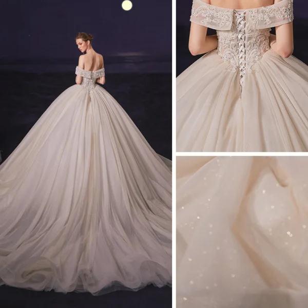 Luxury / Gorgeous Champagne Bridal Wedding Dresses 2020 Ball Gown Off-The-Shoulder Short Sleeve Backless Beading Glitter Tulle Chapel Train Ruffle