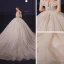 Luxury / Gorgeous Champagne Bridal Wedding Dresses 2020 Ball Gown Off-The-Shoulder Short Sleeve Backless Beading Glitter Tulle Chapel Train Ruffle