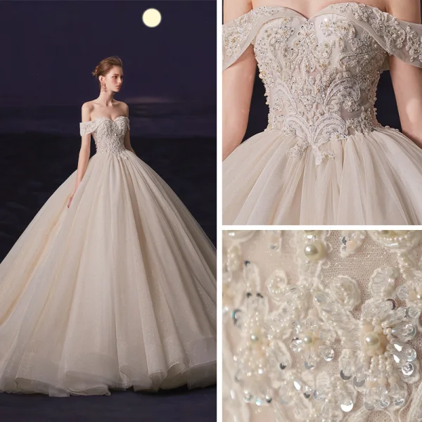 Luxury / Gorgeous Champagne Bridal Wedding Dresses 2020 Ball Gown Off-The-Shoulder Short Sleeve Backless Beading Glitter Tulle Chapel Train Ruffle