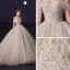 Luxury / Gorgeous Champagne Bridal Wedding Dresses 2020 Ball Gown Off-The-Shoulder Short Sleeve Backless Beading Glitter Tulle Chapel Train Ruffle