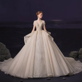 Vintage Retro Champagne Bridal Wedding Dresses 2020 Ball Gown Deep V Neck Short Sleeve Backless Appliques Lace Beading Glitter Tulle Cathedral Train