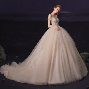 Luxe Champagne La Mariée Robe De Mariée 2020 Robe Boule De L 039 Épaule Manches Courtes Dos Nu À Carreaux Tulle Appliques En Dentelle Perlage Chapel Train