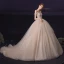 Luxury / Gorgeous Champagne Bridal Wedding Dresses 2020 Ball Gown Off-The-Shoulder Short Sleeve Backless Checked Tulle Appliques Lace Beading Chapel Train