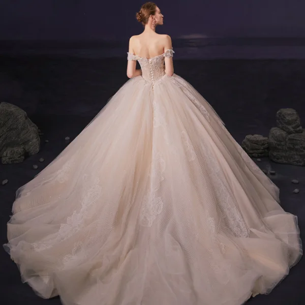 Luxury / Gorgeous Champagne Bridal Wedding Dresses 2020 Ball Gown Off-The-Shoulder Short Sleeve Backless Checked Tulle Appliques Lace Beading Chapel Train