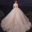 Luxury / Gorgeous Champagne Bridal Wedding Dresses 2020 Ball Gown Off-The-Shoulder Short Sleeve Backless Checked Tulle Appliques Lace Beading Chapel Train
