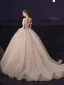 Luxury / Gorgeous Champagne Bridal Wedding Dresses 2020 Ball Gown Off-The-Shoulder Short Sleeve Backless Checked Tulle Appliques Lace Beading Chapel Train