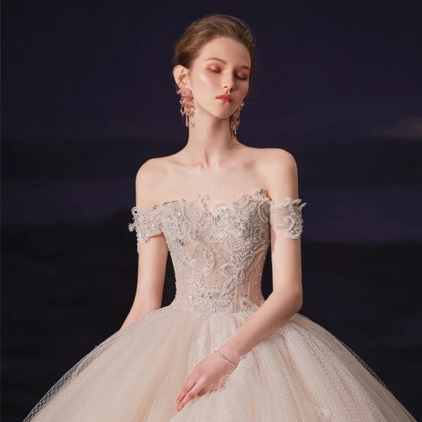 Luxury / Gorgeous Champagne Bridal Wedding Dresses 2020 Ball Gown Off-The-Shoulder Short Sleeve Backless Checked Tulle Appliques Lace Beading Chapel Train