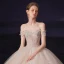 Luxury / Gorgeous Champagne Bridal Wedding Dresses 2020 Ball Gown Off-The-Shoulder Short Sleeve Backless Checked Tulle Appliques Lace Beading Chapel Train