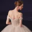 Luxury / Gorgeous Champagne Bridal Wedding Dresses 2020 Ball Gown Off-The-Shoulder Short Sleeve Backless Checked Tulle Appliques Lace Beading Chapel Train