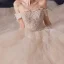 Luxury / Gorgeous Champagne Bridal Wedding Dresses 2020 Ball Gown Off-The-Shoulder Short Sleeve Backless Checked Tulle Appliques Lace Beading Chapel Train
