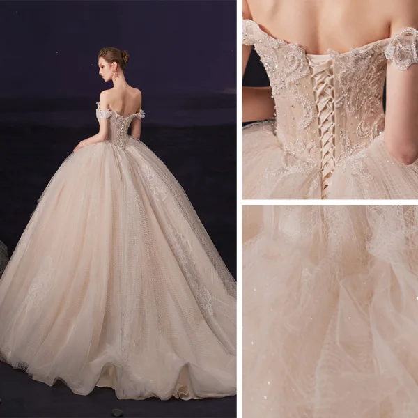 Luxury / Gorgeous Champagne Bridal Wedding Dresses 2020 Ball Gown Off-The-Shoulder Short Sleeve Backless Checked Tulle Appliques Lace Beading Chapel Train