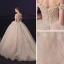 Luxury / Gorgeous Champagne Bridal Wedding Dresses 2020 Ball Gown Off-The-Shoulder Short Sleeve Backless Checked Tulle Appliques Lace Beading Chapel Train