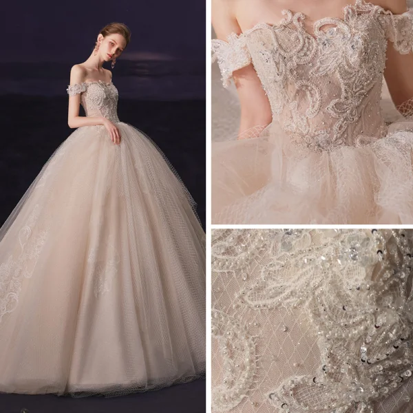 Luxury / Gorgeous Champagne Bridal Wedding Dresses 2020 Ball Gown Off-The-Shoulder Short Sleeve Backless Checked Tulle Appliques Lace Beading Chapel Train