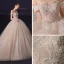 Luxury / Gorgeous Champagne Bridal Wedding Dresses 2020 Ball Gown Off-The-Shoulder Short Sleeve Backless Checked Tulle Appliques Lace Beading Chapel Train