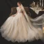 Style Victorien Champagne La Mariée Robe De Mariée 2020 Robe Boule Transparentes Encolure Dégagée Gonflée Manches Courtes Dos Nu Perlage Paillettes Chapel Train Volants
