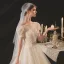 Style Victorien Champagne La Mariée Robe De Mariée 2020 Robe Boule Transparentes Encolure Dégagée Gonflée Manches Courtes Dos Nu Perlage Paillettes Chapel Train Volants