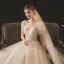 Style Victorien Champagne La Mariée Robe De Mariée 2020 Robe Boule Transparentes Encolure Dégagée Gonflée Manches Courtes Dos Nu Perlage Paillettes Chapel Train Volants
