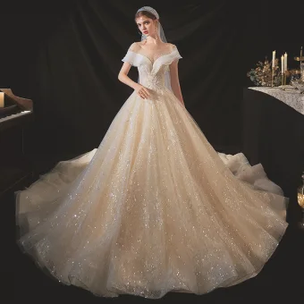 Chic Beautiful Champagne Bridal Wedding Dresses 2020 Ball Gown See Through Scoop Neck Short Sleeve Backless Appliques Lace Sequins Beading Crystal Chapel Train Ruffle