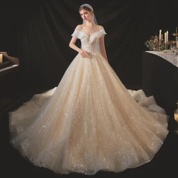 Chic Beautiful Champagne Bridal Wedding Dresses 2020 Ball Gown See Through Scoop Neck Short Sleeve Backless Appliques Lace Sequins Beading Crystal Chapel Train Ruffle