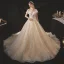Chic / Belle Champagne La Mariée Robe De Mariée 2020 Robe Boule Transparentes Encolure Dégagée Manches Courtes Dos Nu Appliques En Dentelle Paillettes Perlage Cristal Chapel Train Volants