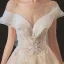 Chic / Belle Champagne La Mariée Robe De Mariée 2020 Robe Boule Transparentes Encolure Dégagée Manches Courtes Dos Nu Appliques En Dentelle Paillettes Perlage Cristal Chapel Train Volants