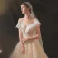 Chic / Belle Champagne La Mariée Robe De Mariée 2020 Robe Boule Transparentes Encolure Dégagée Manches Courtes Dos Nu Appliques En Dentelle Paillettes Perlage Cristal Chapel Train Volants