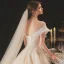 Chic / Belle Champagne La Mariée Robe De Mariée 2020 Robe Boule Transparentes Encolure Dégagée Manches Courtes Dos Nu Appliques En Dentelle Paillettes Perlage Cristal Chapel Train Volants
