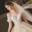 Chic / Belle Champagne La Mariée Robe De Mariée 2020 Robe Boule Transparentes Encolure Dégagée Manches Courtes Dos Nu Appliques En Dentelle Paillettes Perlage Cristal Chapel Train Volants