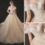 Chic / Belle Champagne La Mariée Robe De Mariée 2020 Robe Boule Transparentes Encolure Dégagée Manches Courtes Dos Nu Appliques En Dentelle Paillettes Perlage Cristal Chapel Train Volants