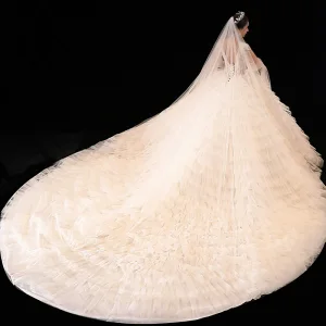 Slående Champagne Bryllups Brudekjoler 2020 Ballkjole Gjennomsiktig Dyp V Hals Avtakbar Uten Ermer Ryggløse Appliques Paljetter Beading Royal Train Gripende Ruffles
