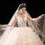 Étourdissant Champagne La Mariée Robe De Mariée 2020 Robe Boule Transparentes Col v profond Détachable Sans Manches Dos Nu Appliques Paillettes Perlage Royal Train Volants en Cascade