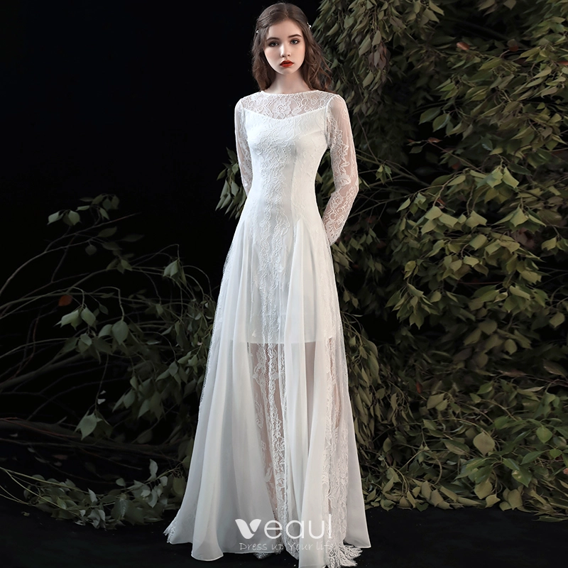 Modest / Simple Summer White Beach Wedding Dresses 2020 A-Line / Princess  Scoop Neck Long Sleeve Appliques Lace Floor-Length / Long Ruffle