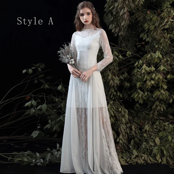 Modest / Simple Summer White Beach Wedding Dresses 2020 A-Line / Princess  Scoop Neck Long Sleeve Appliques