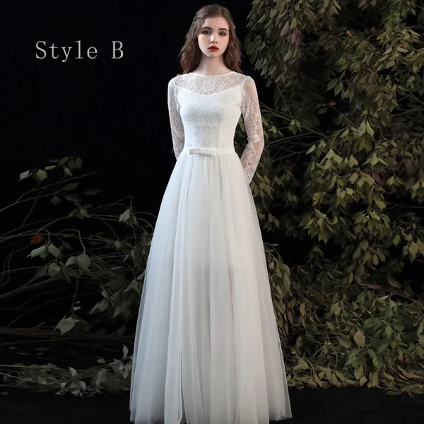 Modest / Simple Summer White Beach Wedding Dresses 2020 A-Line / Princess Scoop Neck Long Sleeve Appliques Lace Floor-Length / Long Ruffle