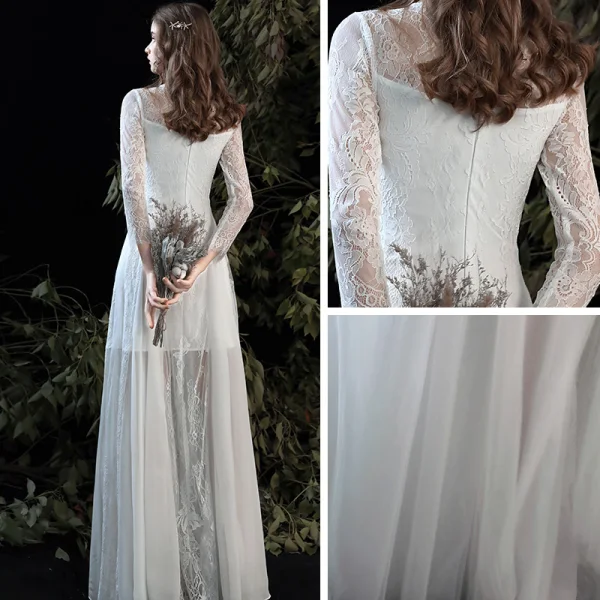Modest / Simple Summer White Beach Wedding Dresses 2020 A-Line / Princess Scoop Neck Long Sleeve Appliques Lace Floor-Length / Long Ruffle