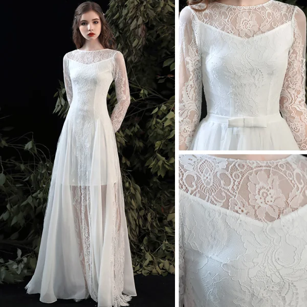 Modest / Simple Summer White Beach Wedding Dresses 2020 A-Line / Princess Scoop Neck Long Sleeve Appliques Lace Floor-Length / Long Ruffle