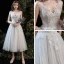 Eleganta Champagne Stranden Bröllopsklänningar 2020 Prinsessa V-Hals Ärmlös Halterneck Appliqués Spets Te-längd