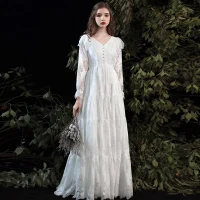 Asequible Blanco De Encaje Exterior / Jardín Vestidos De Novia 2020 Empire V-Cuello Manga Larga Largos