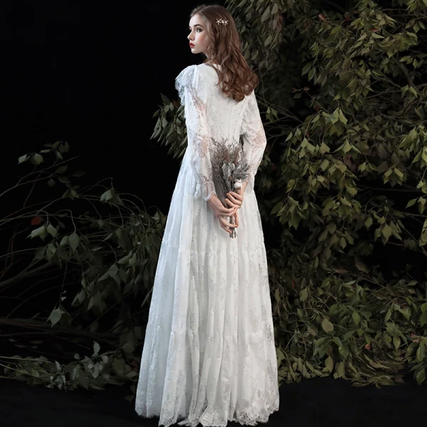 Affordable White Lace Outdoor / Garden Wedding Dresses 2020 Empire V-Neck Long Sleeve Floor-Length / Long
