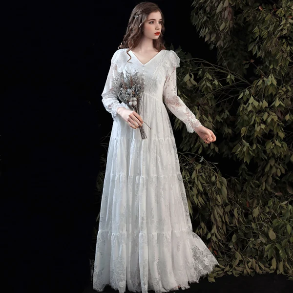 Affordable White Lace Outdoor / Garden Wedding Dresses 2020 Empire V-Neck Long Sleeve Floor-Length / Long