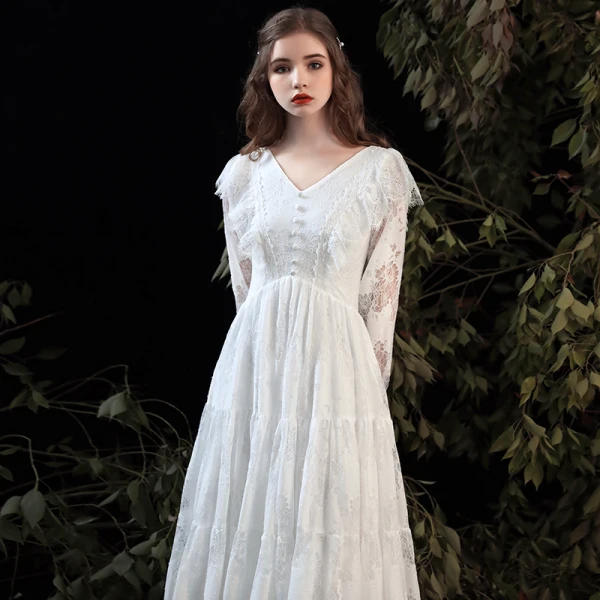 Affordable White Lace Outdoor / Garden Wedding Dresses 2020 Empire V-Neck Long Sleeve Floor-Length / Long